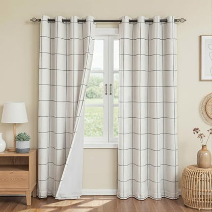 MYSKY HOME 100% Blackout Plaid Farmhouse Linen Curtains 84 Inch Long 2 Panels Set Double Layer Windowpane Checkered Drapes Thermal Insulated Black Out Living Room Drapes, 52" W Each Panel, Deep Grey - color: Deep Grey, size: 52"W x 84"L (Pack of 2)