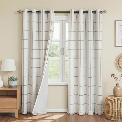MYSKY HOME 100% Blackout Plaid Farmhouse Linen Curtains 84 Inch Long 2 Panels Set Double Layer Windowpane Checkered Drapes Thermal Insulated Black Out Living Room Drapes, 52" W Each Panel, Deep Grey - color: Deep Grey, size: 52"W x 84"L (Pack of 2)