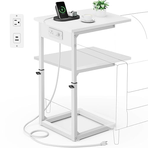 C Shaped End Table with Charging Station, C Table End Table Adjustable Height Sofa Table, Side Table for Couch, Couch Table that Slide Under, TV Tray Arm Table for Living Room,Bedroom, White - color: White, style: Charging Station