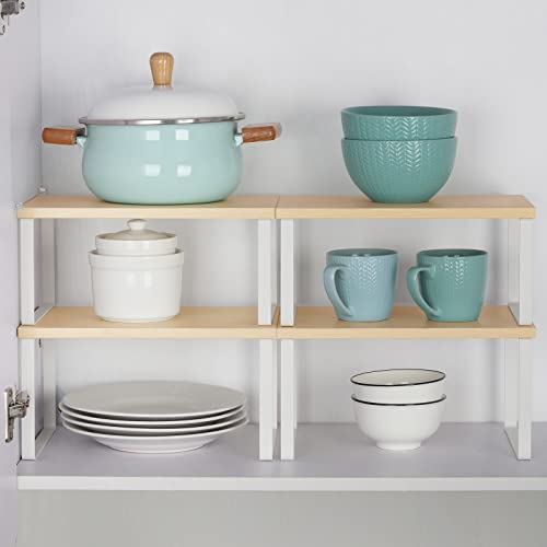 CADUKE Counter Shelves Set of 4 Stackable Kitchen Cabinet Organizer, White | Expandable Wood Countertop Shelves, For Bathroom, Study Room - color: White