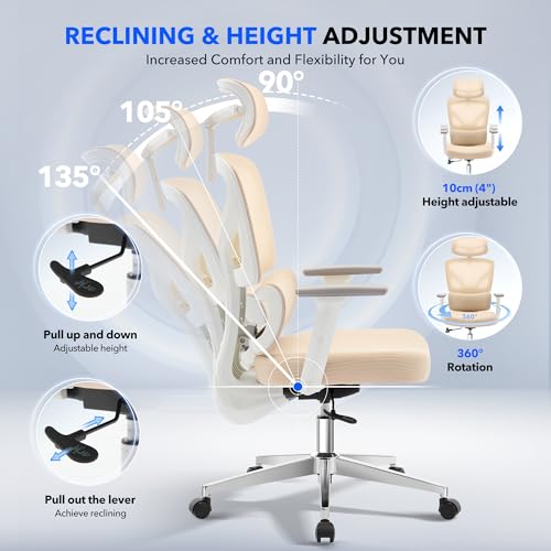 Ergonomic Office Chair Mesh – Adjustable Lumbar 3D Armrests High-Back Desk | Breathable Mesh Backrest; Seat Height & Tilt-Angle Adjustment; Smooth-Rolling Casters; Easy To Assembly, For Home, Office - color: Beige-d1
