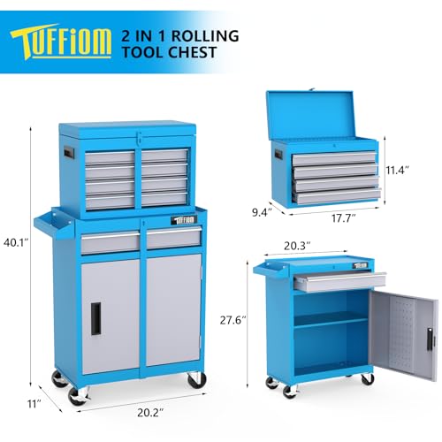TUFFIOM 5-Drawer Rolling Tool Chest, Tool Storage Cabinet w/Drawers, Lockable Wheels, Detachable Top & Adjustable Shelf, Mechanic Tool Organizer Box for Garage, Workshop, Warehouse & Repair Shop - color: Blue, size: 5Drawer