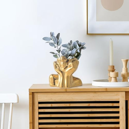 Gold Ceramic Human Face Decorative Vase - Shy Posture Modern Art Desktop Display for Bookshelf, Living Room, Office, Bedroom - style: Golden Hands on Cheeks