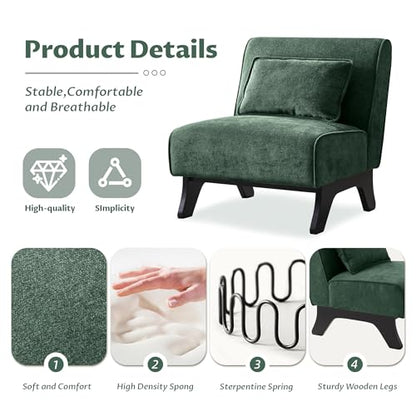 Armless Accent Chair Comfy Upholstered Modern Living Room Side Chair | Comfy Small Accent Lounge Chair with Pillow & Wooden Legs Accent Chair for Living Room Bedroom Farmhouse Reading Green - color: Dark Green