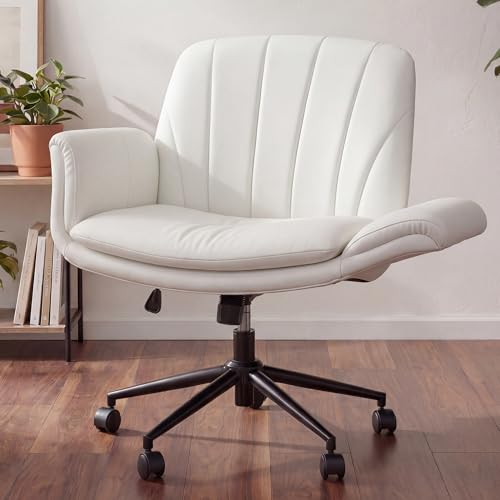 Dowinx Criss Cross Chair with Five-Level Adjustable Arms and Wheels - Comfortable Ergonomic PU Leather Swivel Vanity Chair - Computer Makeup Gaming Chair for Home Office, Bedroom, Vanity Room (Beide) - color: Cream White