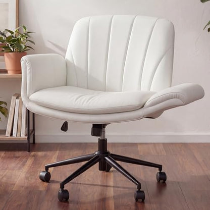 Dowinx Criss Cross Chair with Five-Level Adjustable Arms and Wheels - Comfortable Ergonomic PU Leather Swivel Vanity Chair - Computer Makeup Gaming Chair for Home Office, Bedroom, Vanity Room (Beide) - color: Cream White