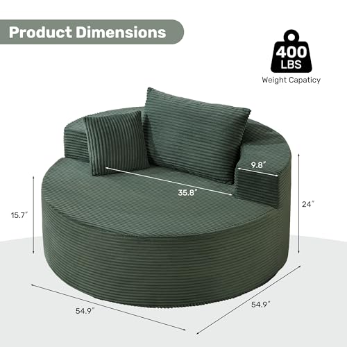 55in Round Chaise Longue Chair Indoor Modern Oversize Upholstered Deep Seat Circle Single Cloud Lounge Floor Sofa Bed with Pillow for Living Room Bedroom Apartment (Green) - color: Green