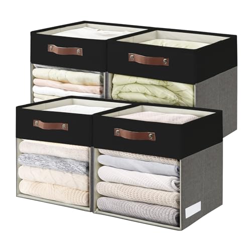 Storage Cubes, 4 Pack Linen Foldable Storage Bins (13 x 13 inch) with Clear Window and Handles, Fabric Organizer for Shelf Closet, Clothes, Books - (Gray and Black) - color: Gray / Black, size: 13 x 13 x 13