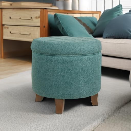 HomePop by Kinfine Fabric Upholstered Round Storage Ottoman - Button Tufted Ottoman with Removable Lid, Teal Woven - color: Teal Woven