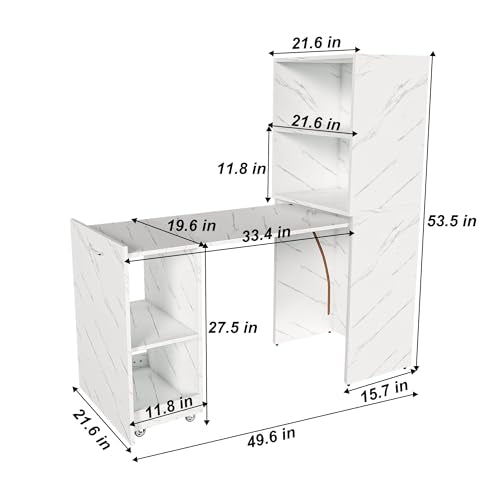 HRVEOCEI Bamboo Fold Out Desk with Storage, Mid Century Hideaway Desk for Small Spaces, Folding Computer Desk for Home Office Bedroom Apartment, Space Saving (White Marble) - color: White Marble