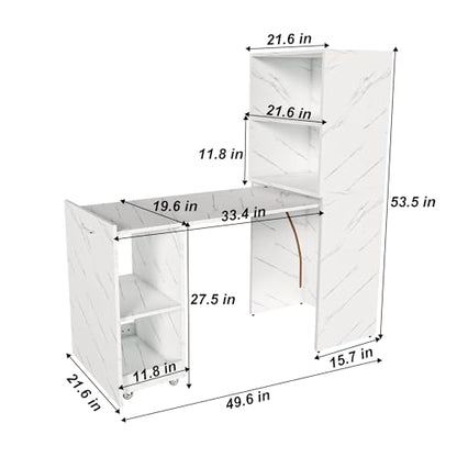 HRVEOCEI Bamboo Fold Out Desk with Storage, Mid Century Hideaway Desk for Small Spaces, Folding Computer Desk for Home Office Bedroom Apartment, Space Saving (White Marble) - color: White Marble