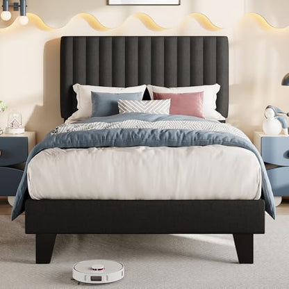 Einhomn Twin Size Bed Frame with Headboard, Upholstered Linen Platform Bedframe with Solid Wooden Slats, Noise-Free, No Box Spring Needed, Easy Assembly, Black - color: Black, size: Twin