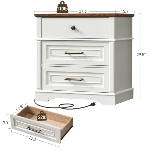 29.5" Tall Nightstand with Charging Station, 3 Drawer Farmhouse Night Stand, 27.6" Wide End Table with Storage, Large Bedside Table for Bedroom Living Room, White and Walnut - color: White and Walnut