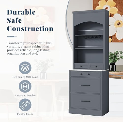 Modern 28.7x17.5x83.7 Inch Tall Kitchen Pantry Cabinet, Freestanding Hutch with Faux Marble Top, 5 Drawers & Adjustable Shelf, Glass Holders, Space-Saving Storage for Kitchen/Dining Room (1, Gray) - color: Grey