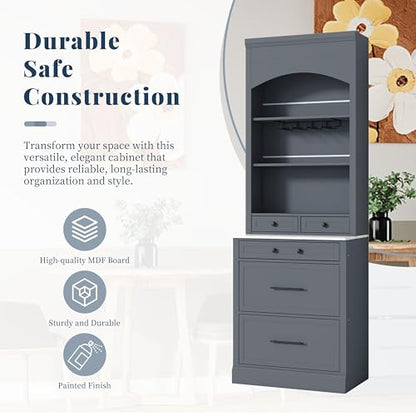 Modern 28.7x17.5x83.7 Inch Tall Kitchen Pantry Cabinet, Freestanding Hutch with Faux Marble Top, 5 Drawers & Adjustable Shelf, Glass Holders, Space-Saving Storage for Kitchen/Dining Room (1, Gray) - color: Grey