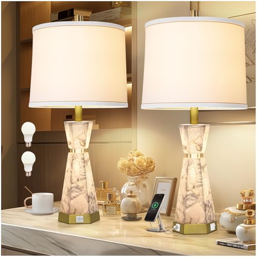 Scenekoy 27" Modern Alabaster Table Lamp Set of 2 with Night Light, USB A+C | Lamps for Living Room with Linen Shade,Bedside Lamp with USB A+C Ports for Bedroom,Nightstand Office Hotel(Bulb Included) - color: White
