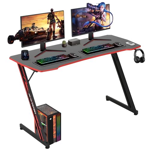 BLKMTY 47 Inch Gaming Desk Z-Shaped Computer Desk with Headphone Hook, Modern Gamer Desk Table for Home Office Dorm Sturdy Writing Workstation, Carbon Fiber Black, Red - color: Red, size: 47.28" Z-shaped