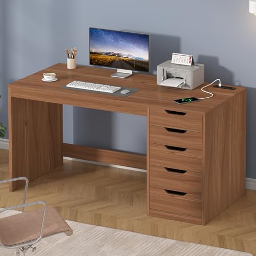 47 Inch Computer Desk with 5 Drawers and Power Outlets for Small Spaces | Home Office Desks with Storage File Cabinet and Charging Station, Modern Simple Laptop Desk Writing Table, Brown - color: Brown
