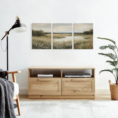 WALUPLL 3 PCS Wildflower Canvas Wall Art Large Landscape Canvas Wall Art Lake Wildflower Print Posters Nature Scenic Painting for Living Room Bedroom12x16 Inch Ready to Hang - color: Vintage Wildflower, size: 16"L x 12"W