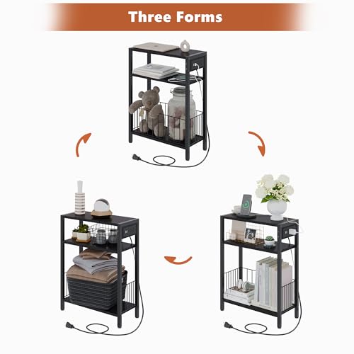 TRIFEBLE Narrow Side Table with Charging Station, Small End Table for Small Spaces, Slim Nightstand with Storage Basket, 3 Tier Skinny Bedside Table for Living Room, Bedroom, Black - color: Black
