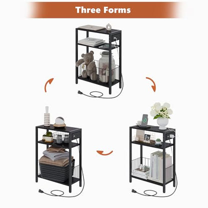TRIFEBLE Narrow Side Table with Charging Station, Small End Table for Small Spaces, Slim Nightstand with Storage Basket, 3 Tier Skinny Bedside Table for Living Room, Bedroom, Black - color: Black