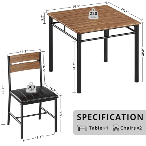 IRONCK Dining Table Set for 2, Walnut | Small Kitchen Table with Upholstered Chairs, Compact Dining Set for Small Spaces, Kitchen & Dining Room - color: Walnut