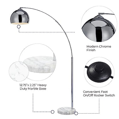 Teamson Home Arquer 68.1" Arc Floor Lamp for Living Rooms, Home Offices, Dining Rooms, Bedrooms with Faux White Marble Base and Chrome Bell Shade - color: Chrome