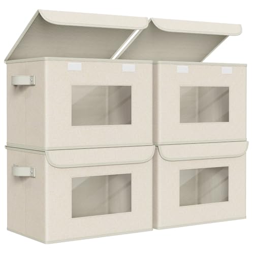 Univivi Collapsible Stackable Storage Bins with Lids, 4 Pack, Beige | 17 x 12 x 12 In Foldable Fabric Closet Organizer Containers, Stackable Closet Organizer and Storage for Home, Office, Bedroom - color: Beige