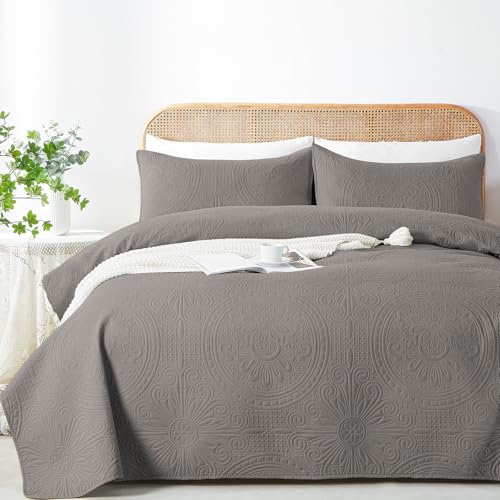 WURUIBO Full/Queen Quilt Set Grey,Ultrasonic Embossed Bedspread, Lightweight Microfiber Coverlet, Modern Thin Bedding Set for All Season, 3 Piece(1 Quilt,2 Pillow Shams) - color: Grey, size: Full/Queen(90"x96")