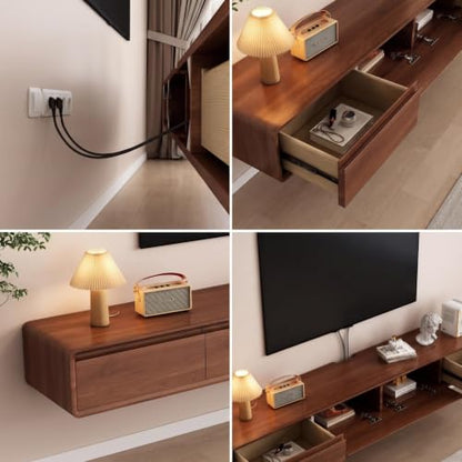 Floating TV Stand, Modern Wall-Mounted Entertainment Center with 2 Flip-Down Cabinet Doors 2 Drawers, Solid Wood Media Console (Walnut, 94.5") - color: Walnut, size: 94.5"