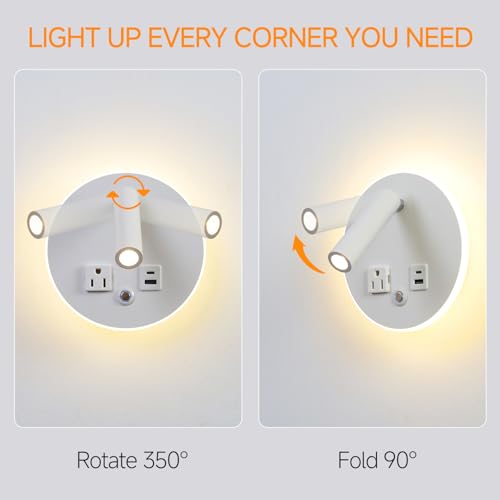 LED Round Wall Lamp Dimming Wall Mounted Reading Lights, Adjustable Headboard Plug in Wall Sconce with USB+USB C Ports, Headboard Bedside Lamp with 6W+3W Night Light 3000K (White) - color: White