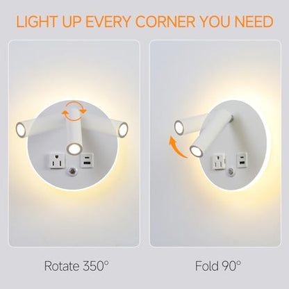 LED Round Wall Lamp Dimming Wall Mounted Reading Lights, Adjustable Headboard Plug in Wall Sconce with USB+USB C Ports, Headboard Bedside Lamp with 6W+3W Night Light 3000K (White) - color: White
