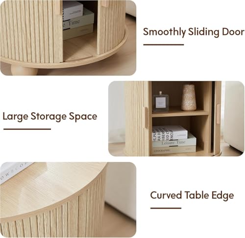 Fluted Round End Table with Charging Station, 24" Side Table,Natural | Large Farmhouse Sofa Side Table Living Room, Mid-Century Wood Nightstand with Sliding Tambour Door & Storage, Round End Table - color: Natural