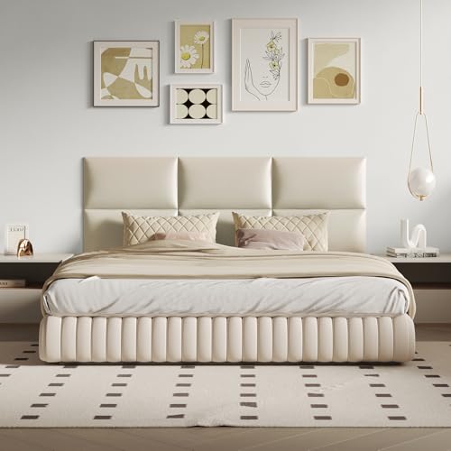 Beige Stick Headboard - 6-Piece Wall-Mounted Bed Backboard for Queen Size Beds, 24 x 12 Inches, Easy-to-Install Decorative Bed Head and Peel and Stick Queen Size Headboard for Bedroom Décor - color: Leather-beige