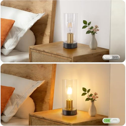 Shenmoyl Industrial Bedside Lamp with USB-A+C Charging Ports & AC Outlet, Small Touch Control Dimmable Table Lamp with Black Glod Base Glass Shade for Bedroom, Nightstand, Dorm, Office, Desk - color: Black-gold
