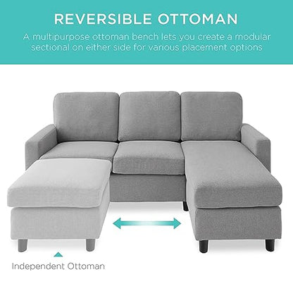Best Choice Products Upholstered Sectional Sofa for Home, Apartment, Dorm, Bonus Room, Compact Spaces w/Chaise Lounge, 3-Seat, L-Shape Design, Reversible Ottoman Bench, 680lb Capacity - Light Gray - color: Linen - Light Gray