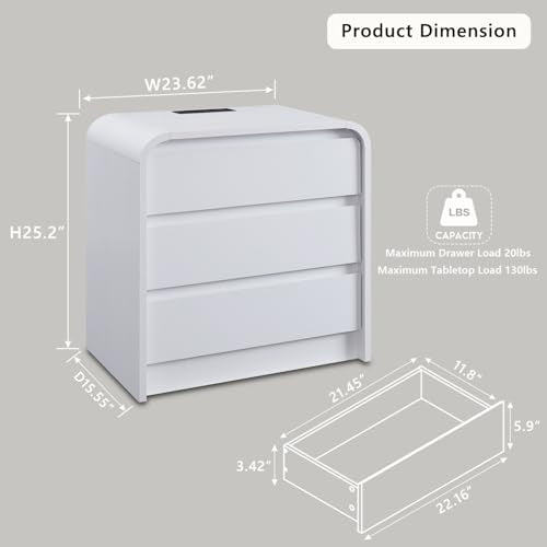 Aitjunz 25" Tall Modern Nightstand with Charging Station, 23.6'' Wide Wood Bedside Table w/3 Storage Drawers, Small Dresser w/Curved Profile Design, End Table for Bedroom, White - color: White