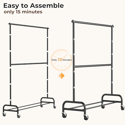 MISSLO Small Clothes Racks for Hanging Clothes and Double Rod Garment Rack with Wheels, 2 Pack