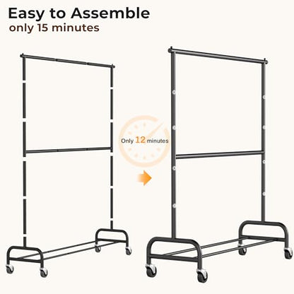 MISSLO Small Clothes Racks for Hanging Clothes and Double Rod Garment Rack with Wheels, 2 Pack