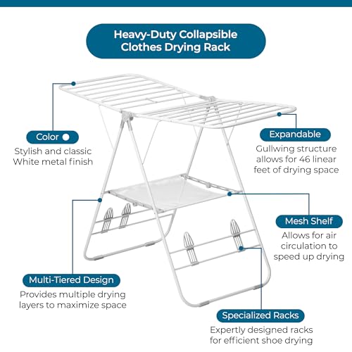 Honey-Can-Do Heavy-Duty Gullwing Clothes Drying Rack, 50 lb, White | Gullwing rack adds 46 ft of drying space with dedicated shoe bars. Sturdy metal, 50 lb capacity, folds flat. - color: White, size: 57" W