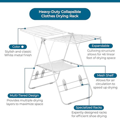 Honey-Can-Do Heavy-Duty Gullwing Clothes Drying Rack, 50 lb, White | Gullwing rack adds 46 ft of drying space with dedicated shoe bars. Sturdy metal, 50 lb capacity, folds flat. - color: White, size: 57" W