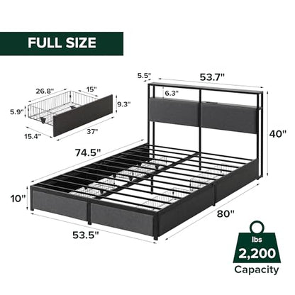 Zinus Michael Upholstered Platform Bed Frame, Four Underbed Drawers, Full | Space-Saving Two-Tier Headboard Storage, Mood Setting RGB LED Lights, Built-in USB Charging Station, Ambient Night Light - size: Full
