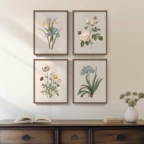 Framed Vintage Botanical Floral Wall Art for Bedroom, 4 Piece 11x14 In | Modern farmhouse wall decor, Flower pictures, Rustic retro paintings, Ready to hang canvas prints, Kitchen bedroom home decor - color: Floral - Walnut Framed, size: 11" W x 14" H x 4