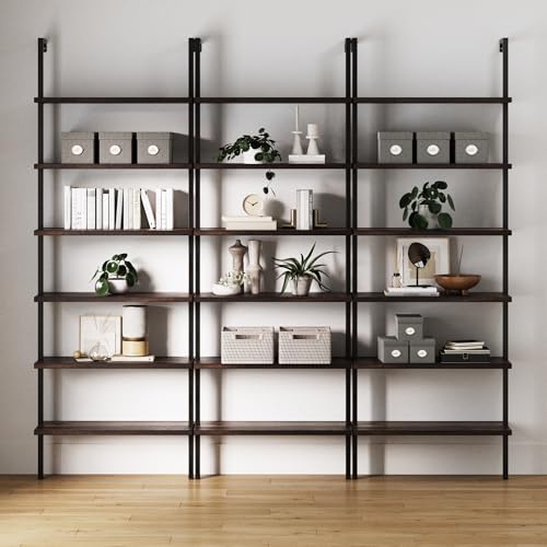 Nathan James Theo 6-Shelf Tall Bookcase, Wall Mount Bookshelf with Natural Wood Finish and Industrial Metal Frame, Nutmeg/Matte Black, Set of 3 - color: Nutmeg/Matte Black, size: Set of 3