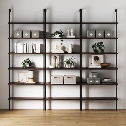 Nathan James Theo 6-Shelf Tall Bookcase, Wall Mount Bookshelf with Natural Wood Finish and Industrial Metal Frame, Nutmeg/Matte Black, Set of 3 - color: Nutmeg/Matte Black, size: Set of 3