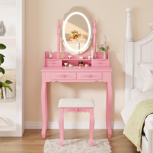 Vanity Desk with Mirror and Lights, Makeup Table with Cushioned Stool Set | Modern Vanity with 4 Drawers, 3 Color Lighting Modes with Adjustable Brightness, Dressing Table Set for Bedroom, Pink - style: Pink Vanity