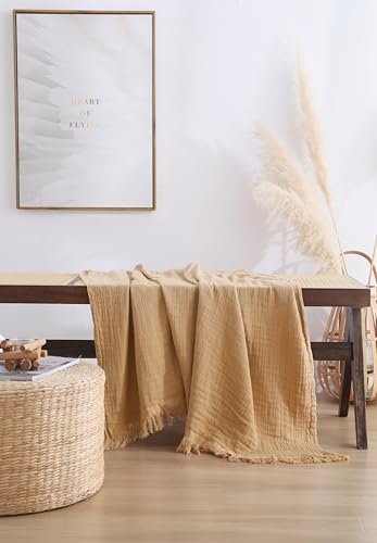 100% Cotton Muslin Throw Blanket for Bed, Couch, Small, Decorative, Soft, Pre-Washed, Breathable and Lightweight Gauze Blanket with Tassels, 50"x60" - color: Sand