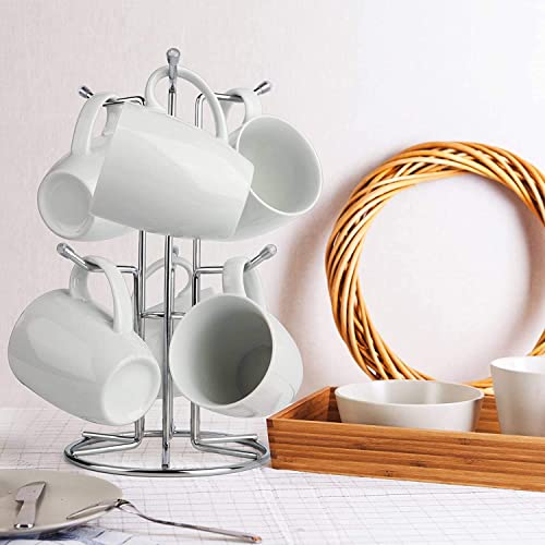 HULISEN Mug Tree for Large Cup, 6 Hook Countertop Coffee Mug Holder, Silver | Cup Rack for Counter, Stable Wide Base, Metal Stand for Kitchen Coffee Bar Display, Space-Saving, No Assembly Required - color: Silver