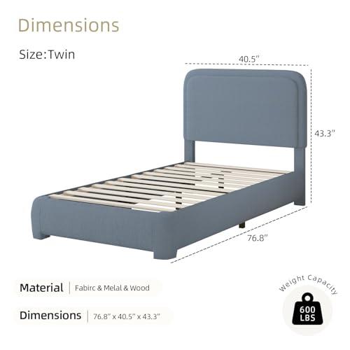 BarnFurin Twin Bed Frame, Cloud Boucle Headboard, Rounded Corners, Blue | Soft boucle and rounded edges create a low-profile cloud look. Wooden slats support the mattress without a box spring - color: Blue, size: Twin