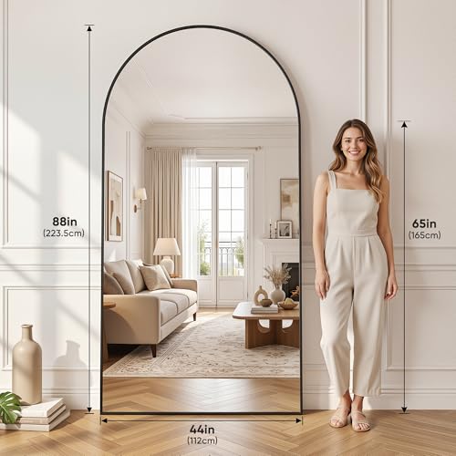 44"×88" Arched Full Length Floor Mirror, Standing Mirror with Aluminum Frame, Large Body Mirror of Free Standing/Wall Mount/Leaning for Bedroom, Living Room, Dressing Room, Black - color: Black, size: 88"L x 44"W